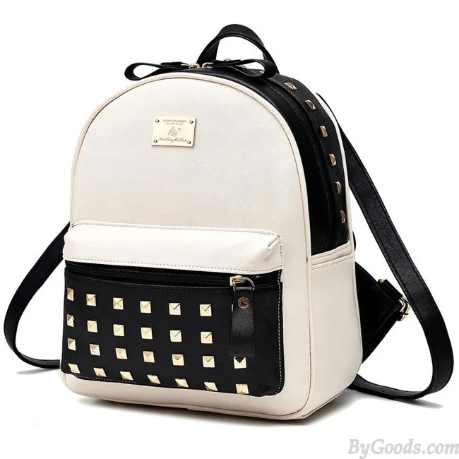 Leisure School Rivets Splicing Color Blocking Square Girl's Backpack PU Travel Backpack 