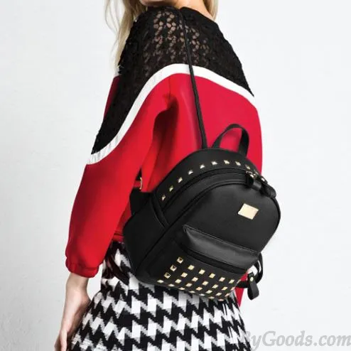 Leisure School Rivets Splicing Color Blocking Square Girl's Backpack PU Travel Backpack 
