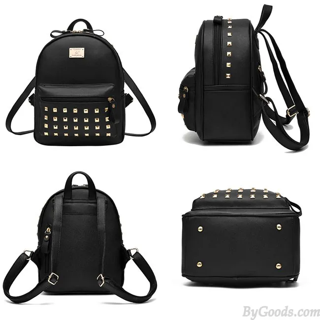 Leisure School Rivets Splicing Color Blocking Square Girl's Backpack PU Travel Backpack 