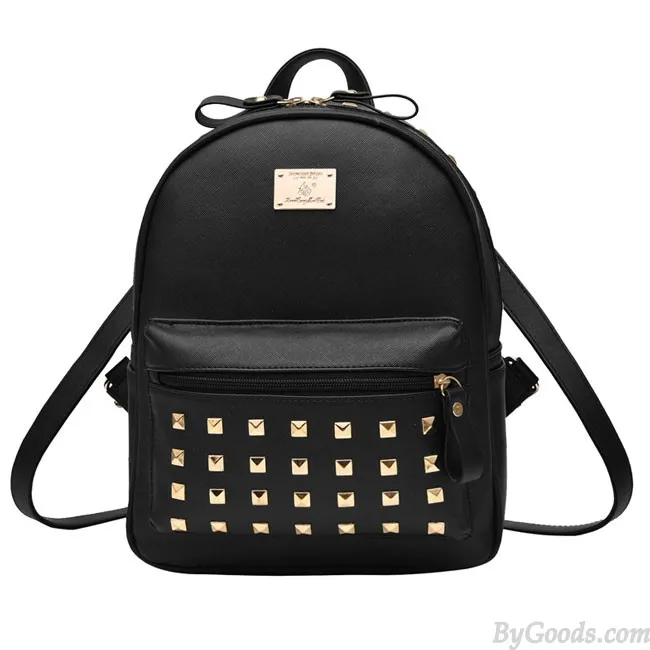 Leisure School Rivets Splicing Color Blocking Square Girl's Backpack PU Travel Backpack 