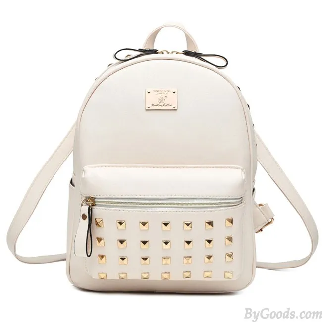 Leisure School Rivets Splicing Color Blocking Square Girl's Backpack PU Travel Backpack 