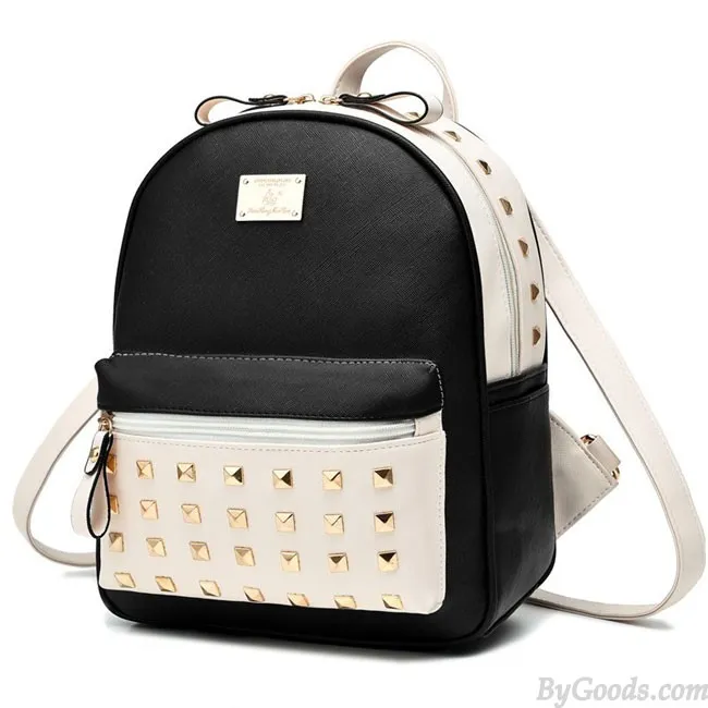 Leisure School Rivets Splicing Color Blocking Square Girl's Backpack PU Travel Backpack 