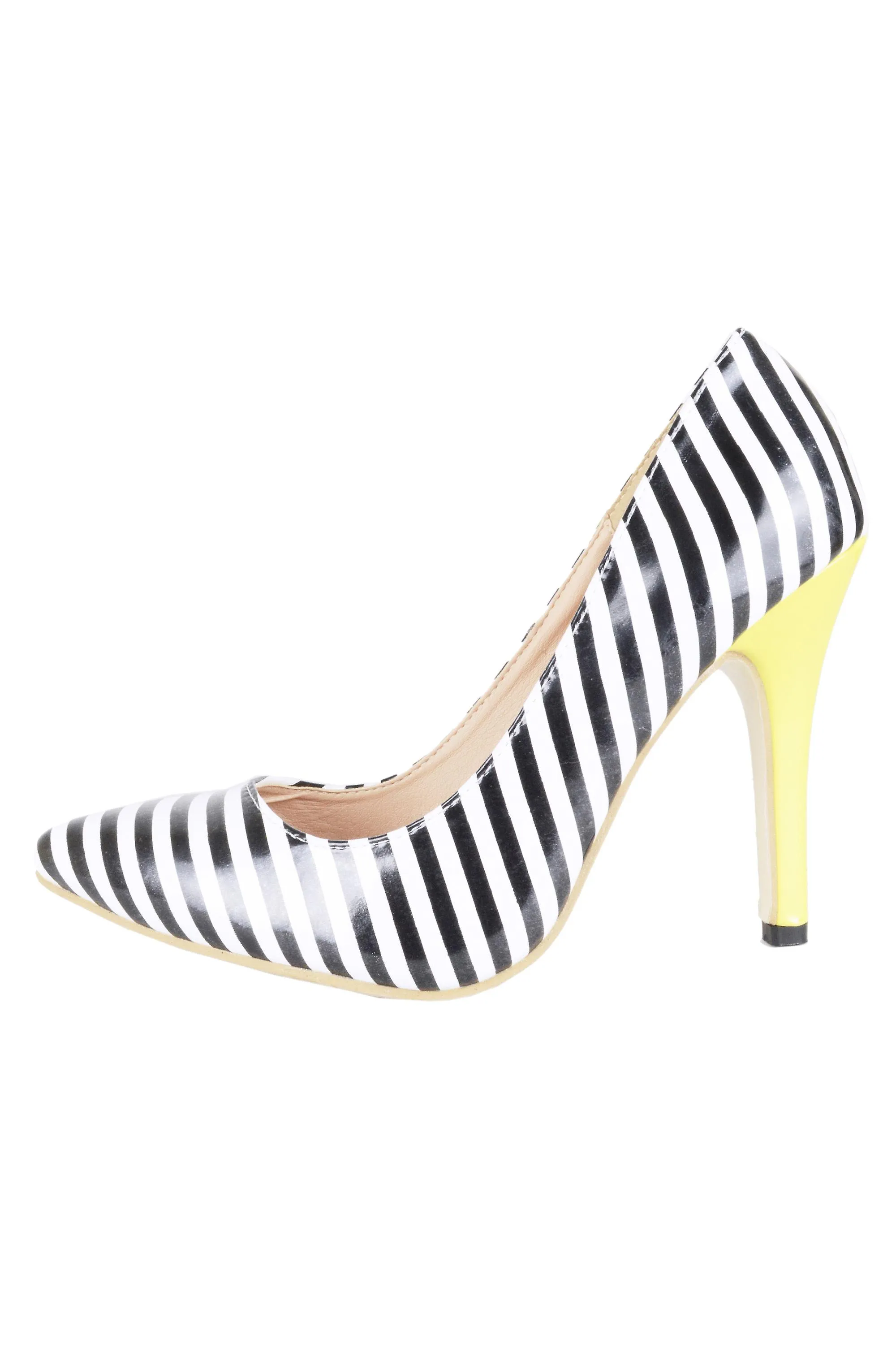 Lovemystyle blanco y negro raya corte zapatos con talón amarillo