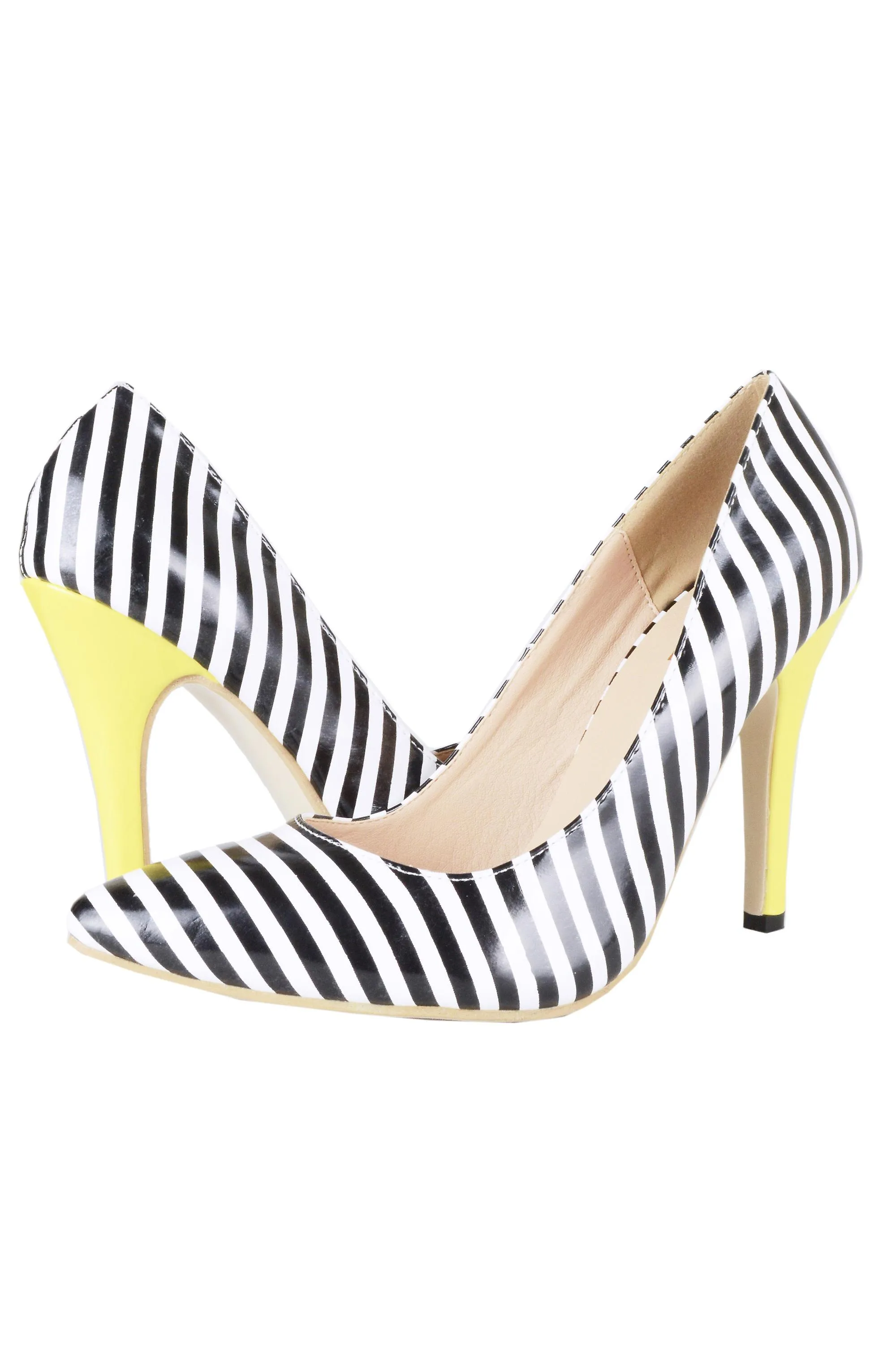 Lovemystyle blanco y negro raya corte zapatos con talón amarillo