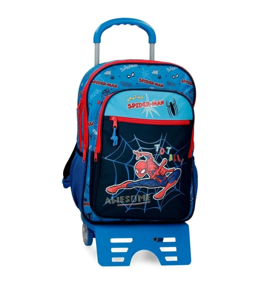 Mochila Escolar Spiderman Totally awesome 42cm Dos Compartimentos con carro azul