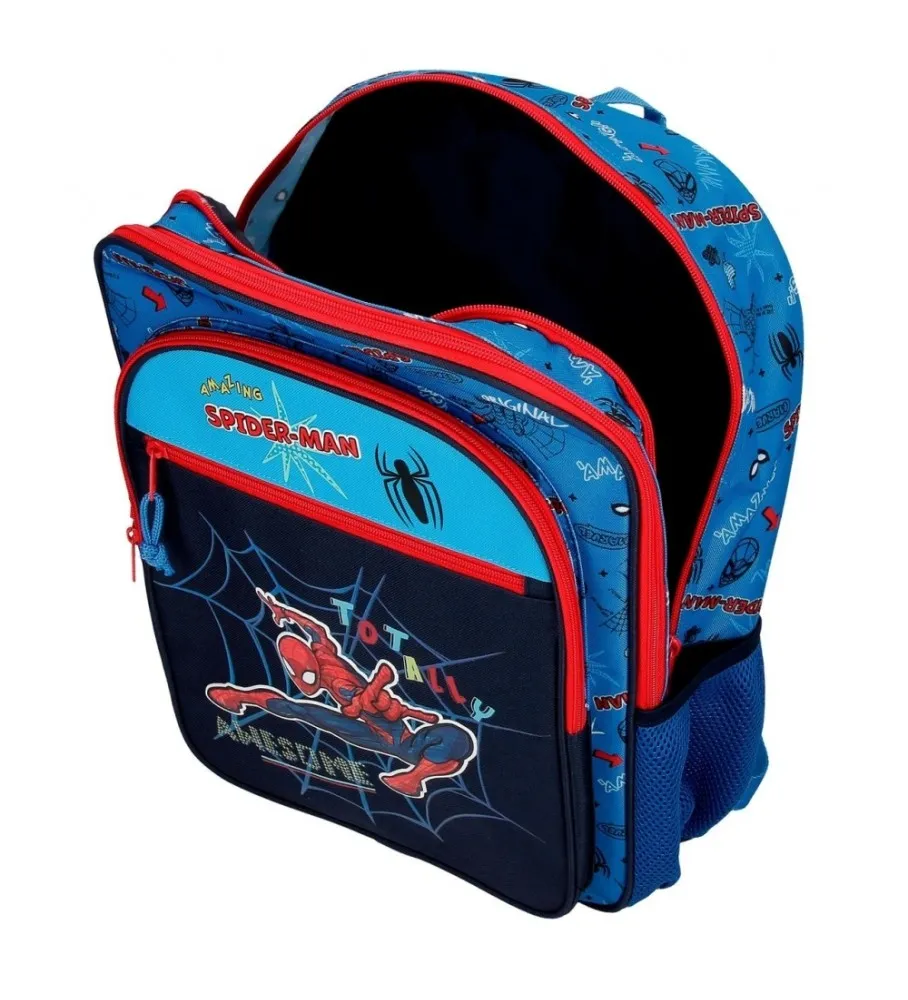 Mochila Escolar Spiderman Totally awesome 42cm Dos Compartimentos con carro azul