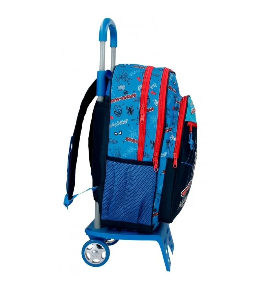 Mochila Escolar Spiderman Totally awesome 42cm Dos Compartimentos con carro azul