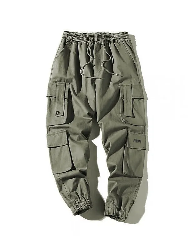 Pantalones cargo con cordón y cintura elástica con múltiples bolsillos para hombre