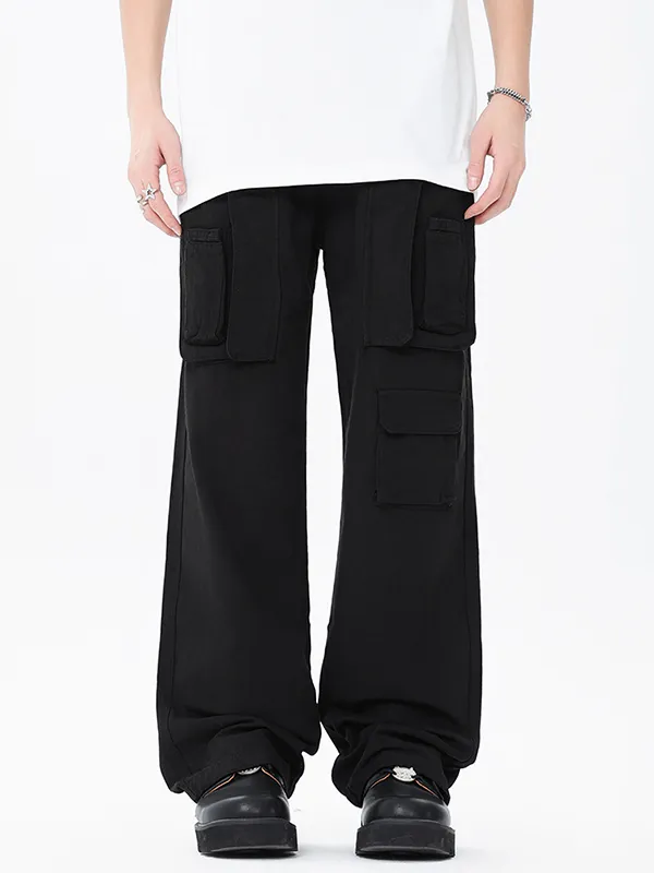 Pantalones cargo negros sueltos con múltiples bolsillos para hombre