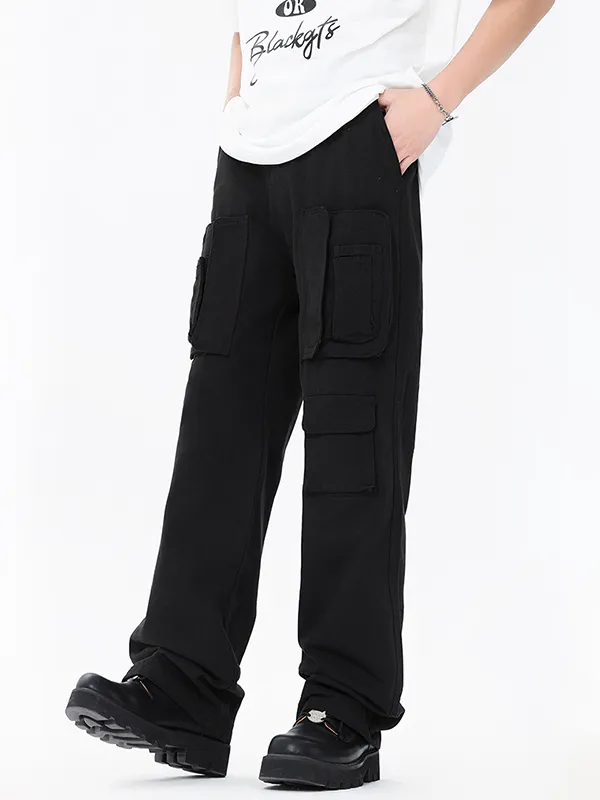 Pantalones cargo negros sueltos con múltiples bolsillos para hombre