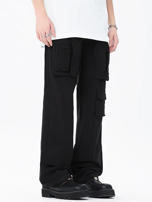 Pantalones cargo negros sueltos con múltiples bolsillos para hombre