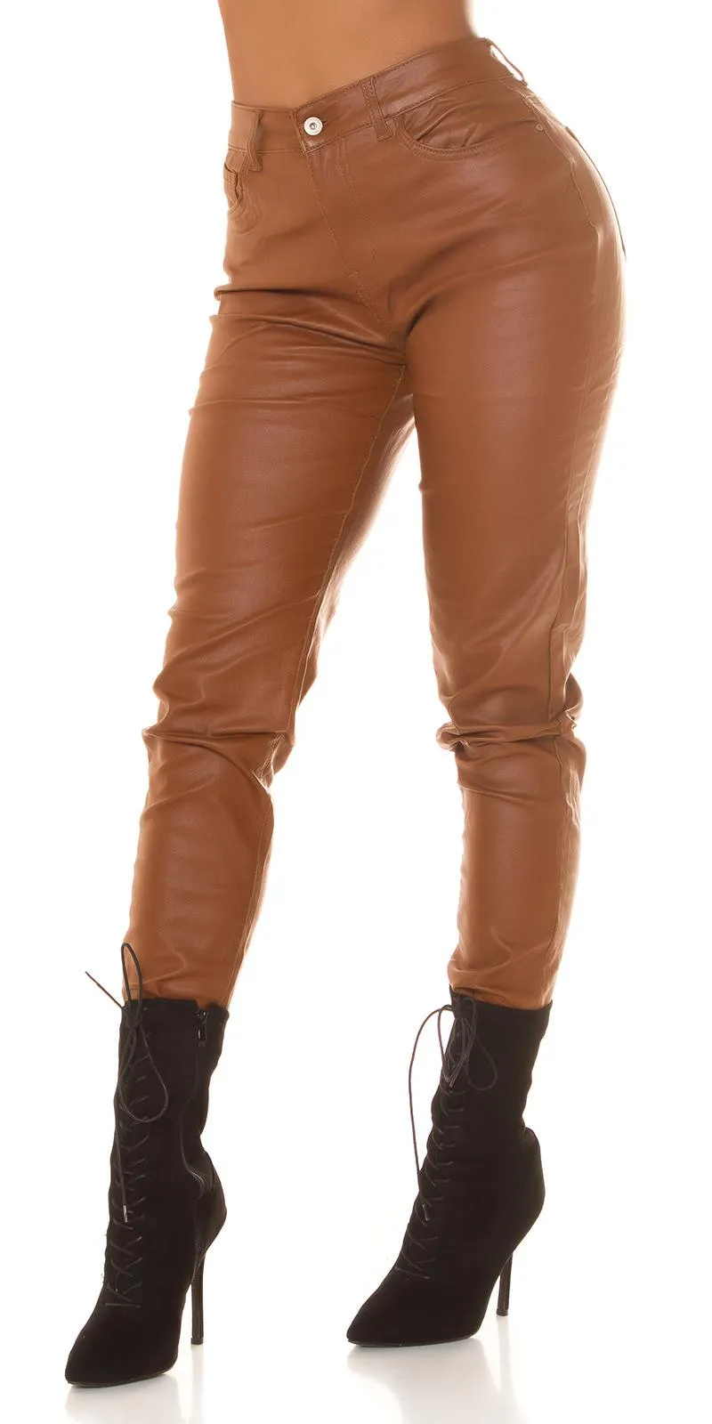 Pantalón polipiel cintura alta marrón