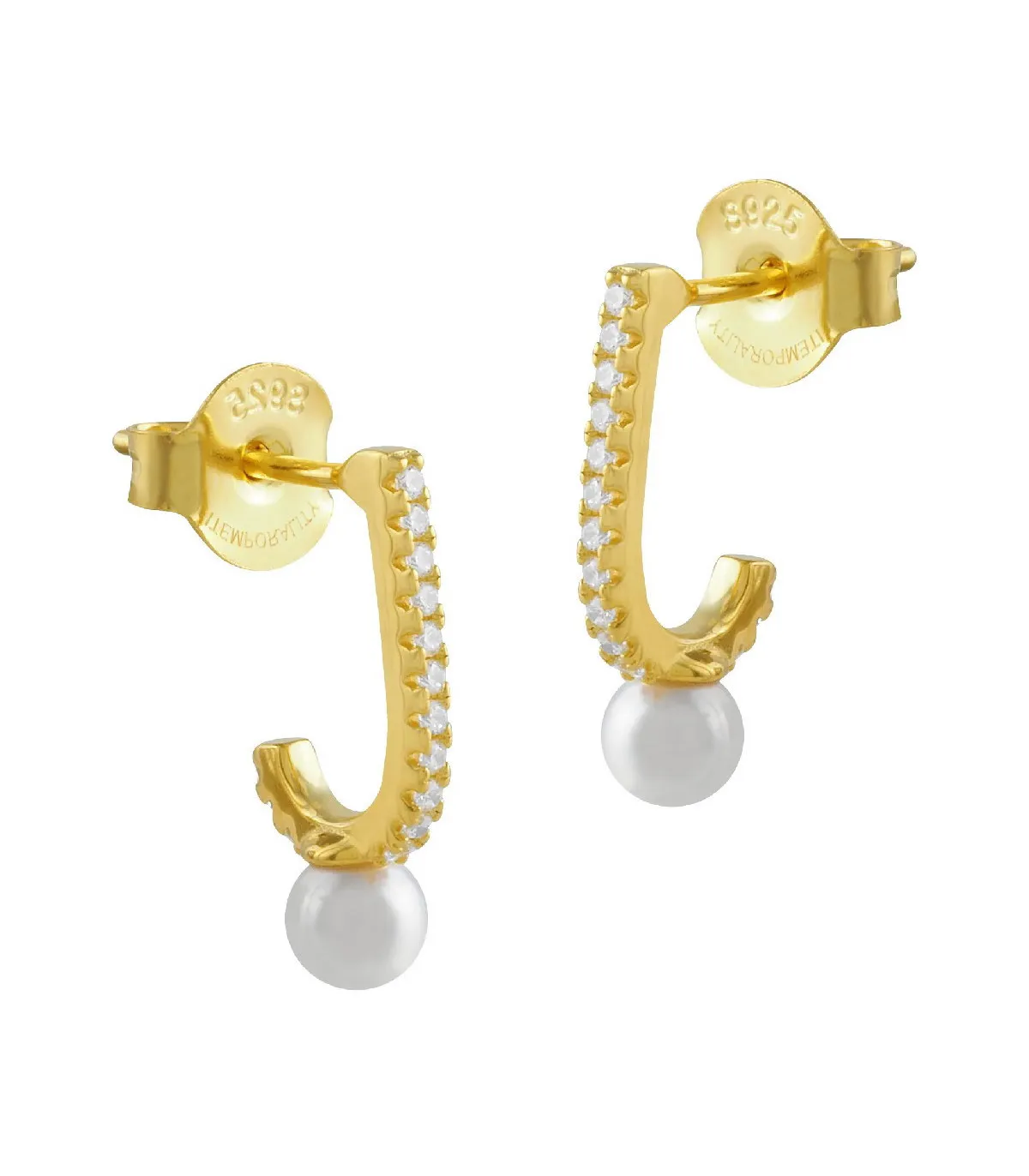 PENDIENTES ITEMPORALITY SIGNALS FORMA J PLATA BAñO ORO CIRCONITAS Y PERLA  SEA201200UU