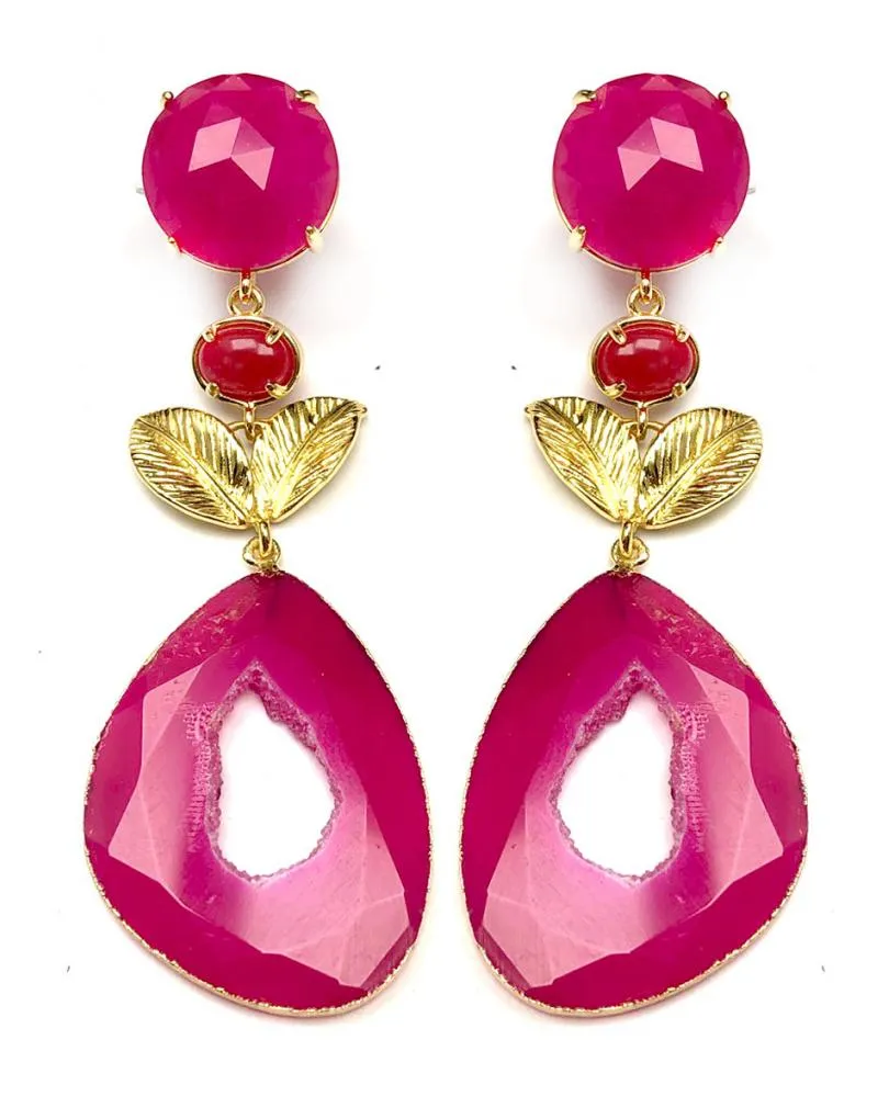 PENDIENTES MUJER LARGOS FUCSIAS DISEÑOS UNICOS PIEDRA AGATA