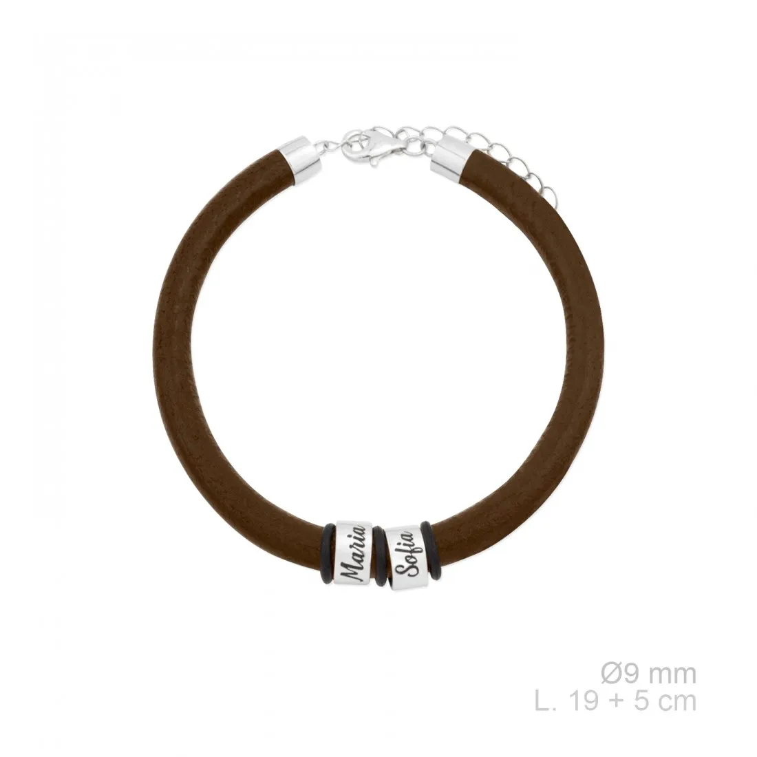 Pulsera Plata de Ley cuero con 2 Nombres