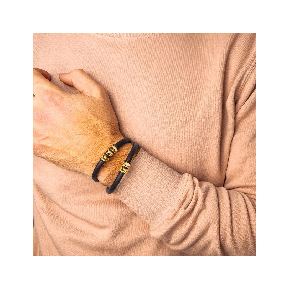 Pulsera Plata de Ley cuero con 2 Nombres