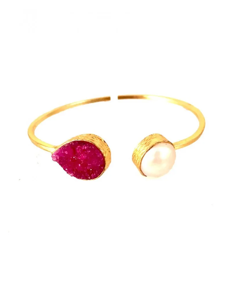 PULSERAS DE BISUTERIA CON PIEDRA DRUSA FUCSIA CON PERLA