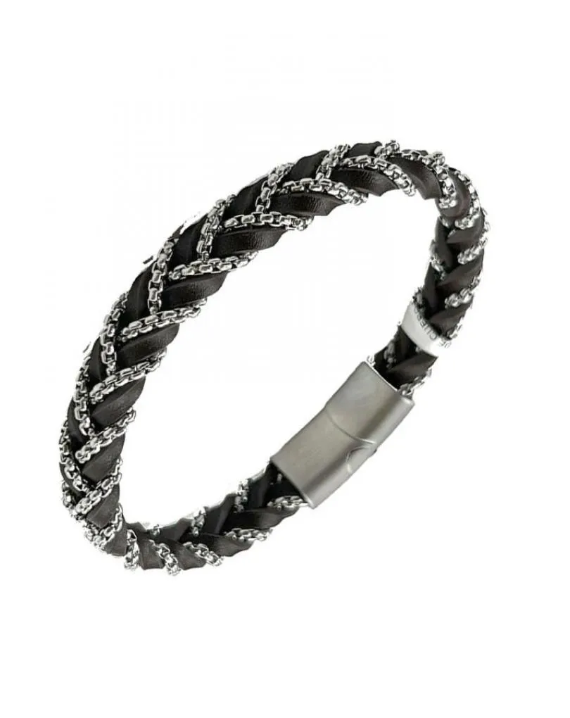 PULSERAS HOMBRE DE TRENZA DE CUERO MARRON Y CADENA ACERO