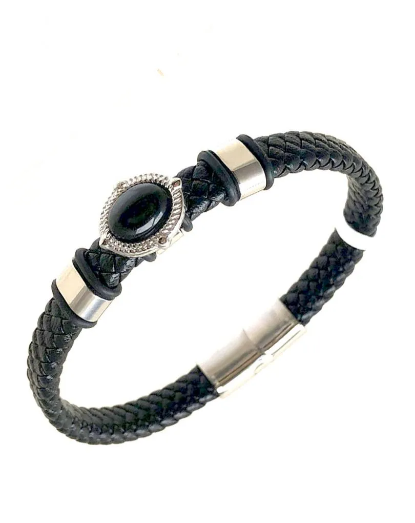 PULSERAS HOMBRE NEGRAS DE CUERO CON DETALLE DE PIEDRA DE ONIX
