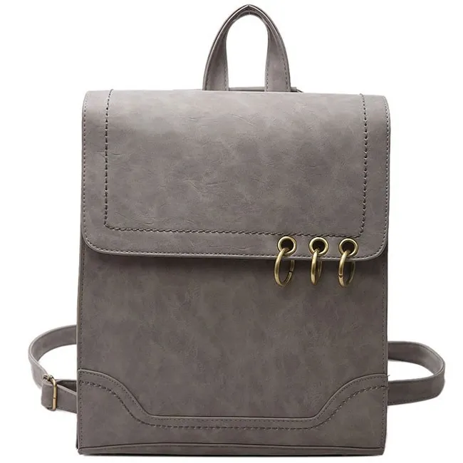 Retro Square Frosted PU Flap Backpack Metal Circular Rings Multifunctional Shoulder Bag Backpack