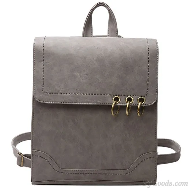 Retro Square Frosted PU Flap Backpack Metal Circular Rings Multifunctional Shoulder Bag Backpack