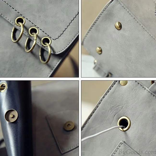 Retro Square Frosted PU Flap Backpack Metal Circular Rings Multifunctional Shoulder Bag Backpack