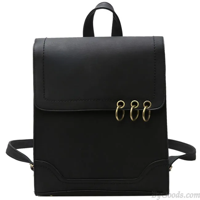 Retro Square Frosted PU Flap Backpack Metal Circular Rings Multifunctional Shoulder Bag Backpack