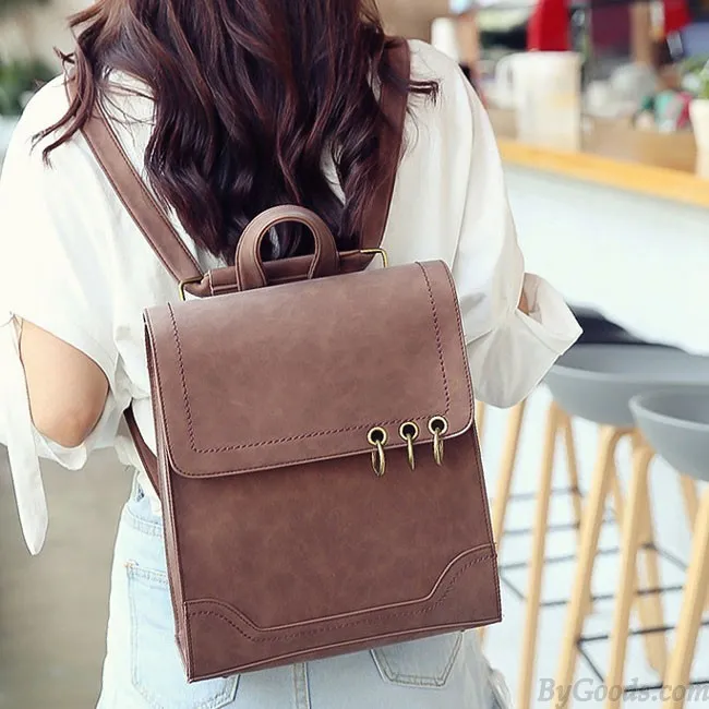 Retro Square Frosted PU Flap Backpack Metal Circular Rings Multifunctional Shoulder Bag Backpack