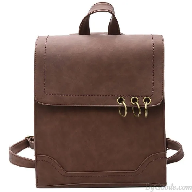 Retro Square Frosted PU Flap Backpack Metal Circular Rings Multifunctional Shoulder Bag Backpack