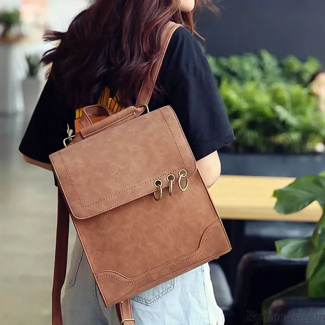 Retro Square Frosted PU Flap Backpack Metal Circular Rings Multifunctional Shoulder Bag Backpack