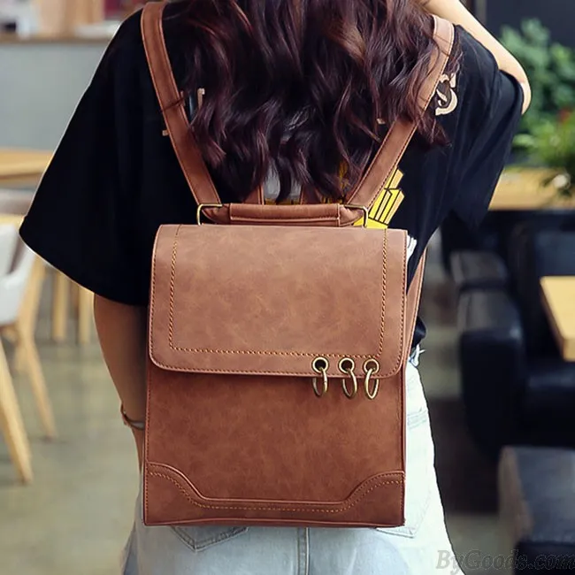 Retro Square Frosted PU Flap Backpack Metal Circular Rings Multifunctional Shoulder Bag Backpack
