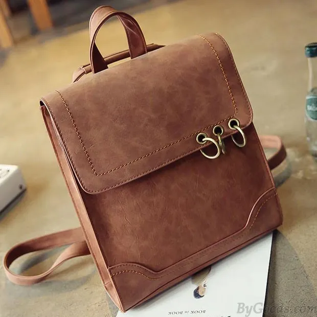 Retro Square Frosted PU Flap Backpack Metal Circular Rings Multifunctional Shoulder Bag Backpack
