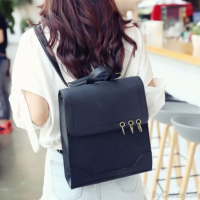 Retro Square Frosted PU Flap Backpack Metal Circular Rings Multifunctional Shoulder Bag Backpack