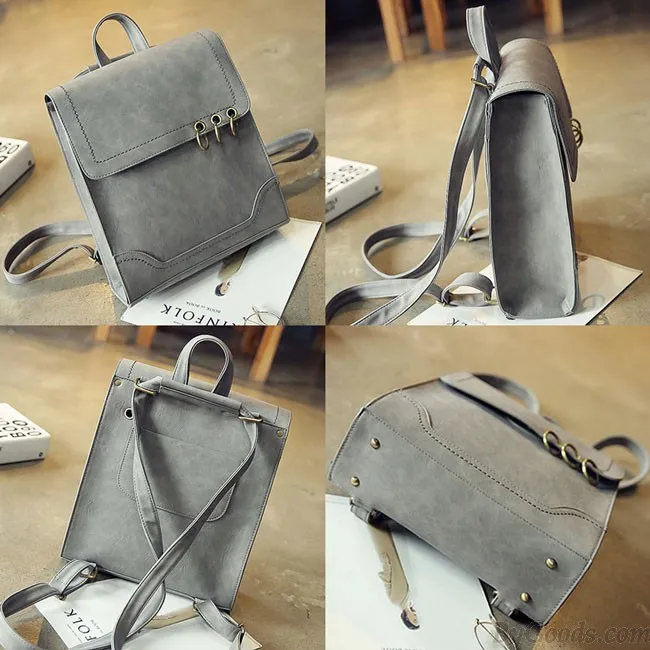 Retro Square Frosted PU Flap Backpack Metal Circular Rings Multifunctional Shoulder Bag Backpack