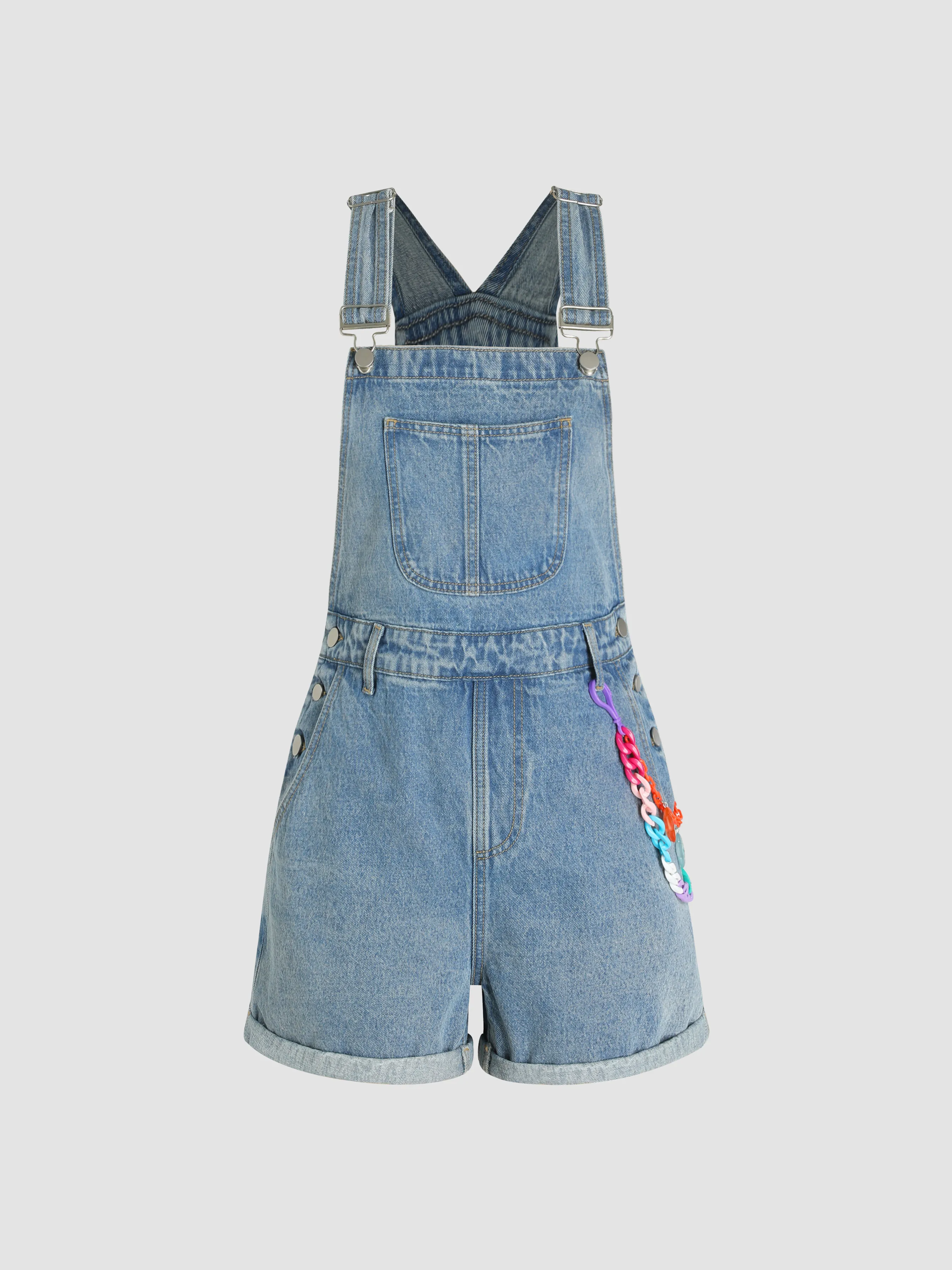  Romper de Denim con Cadena de Hebilla de Bloque de Color