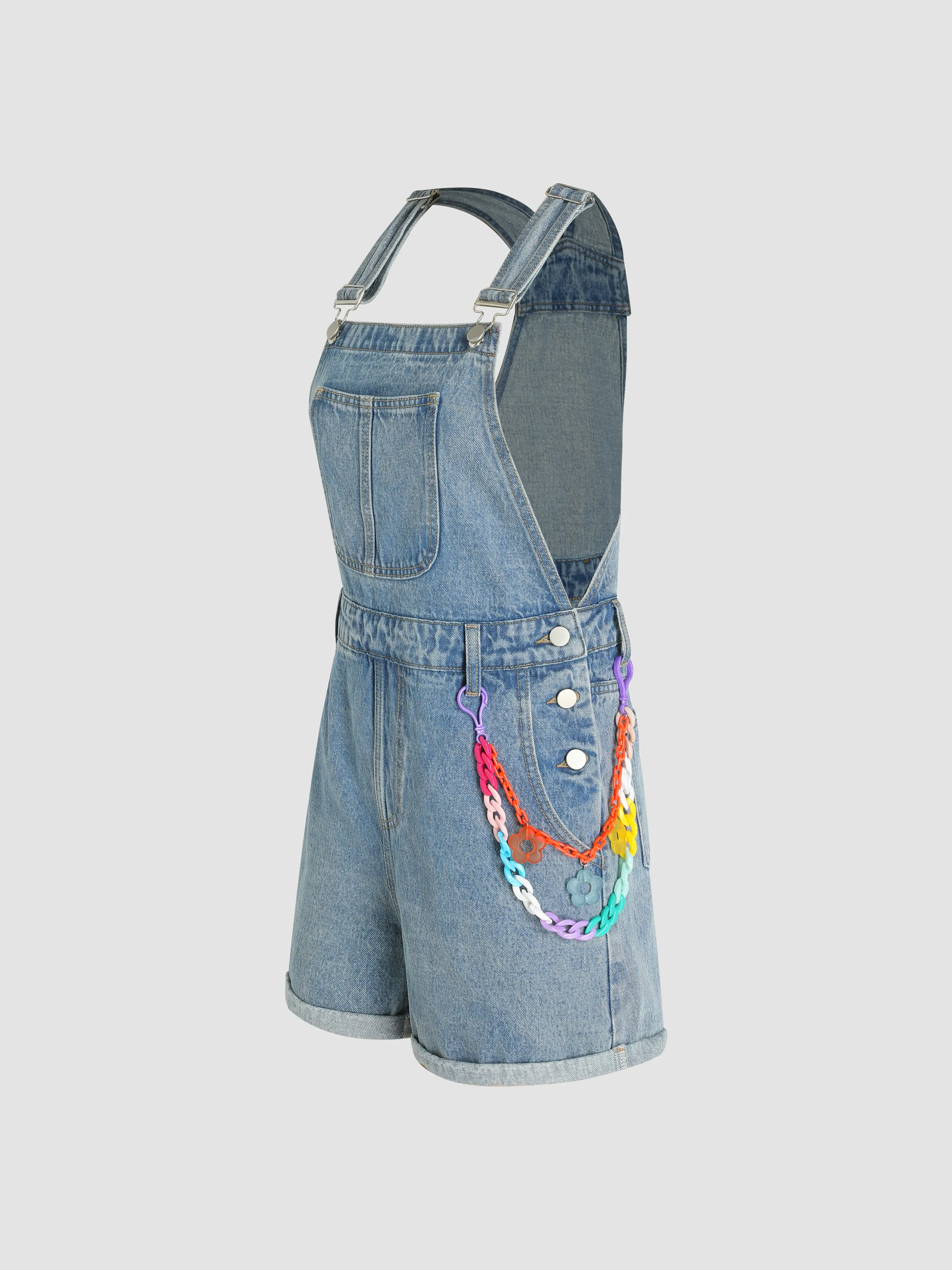  Romper de Denim con Cadena de Hebilla de Bloque de Color