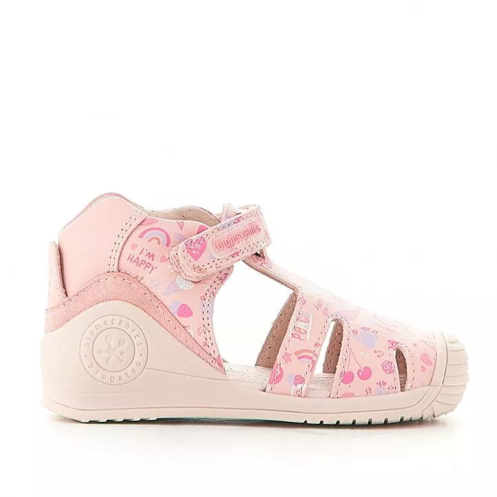 Sandalias abotinadas Biomecanics rosas con varios dibujos estampados