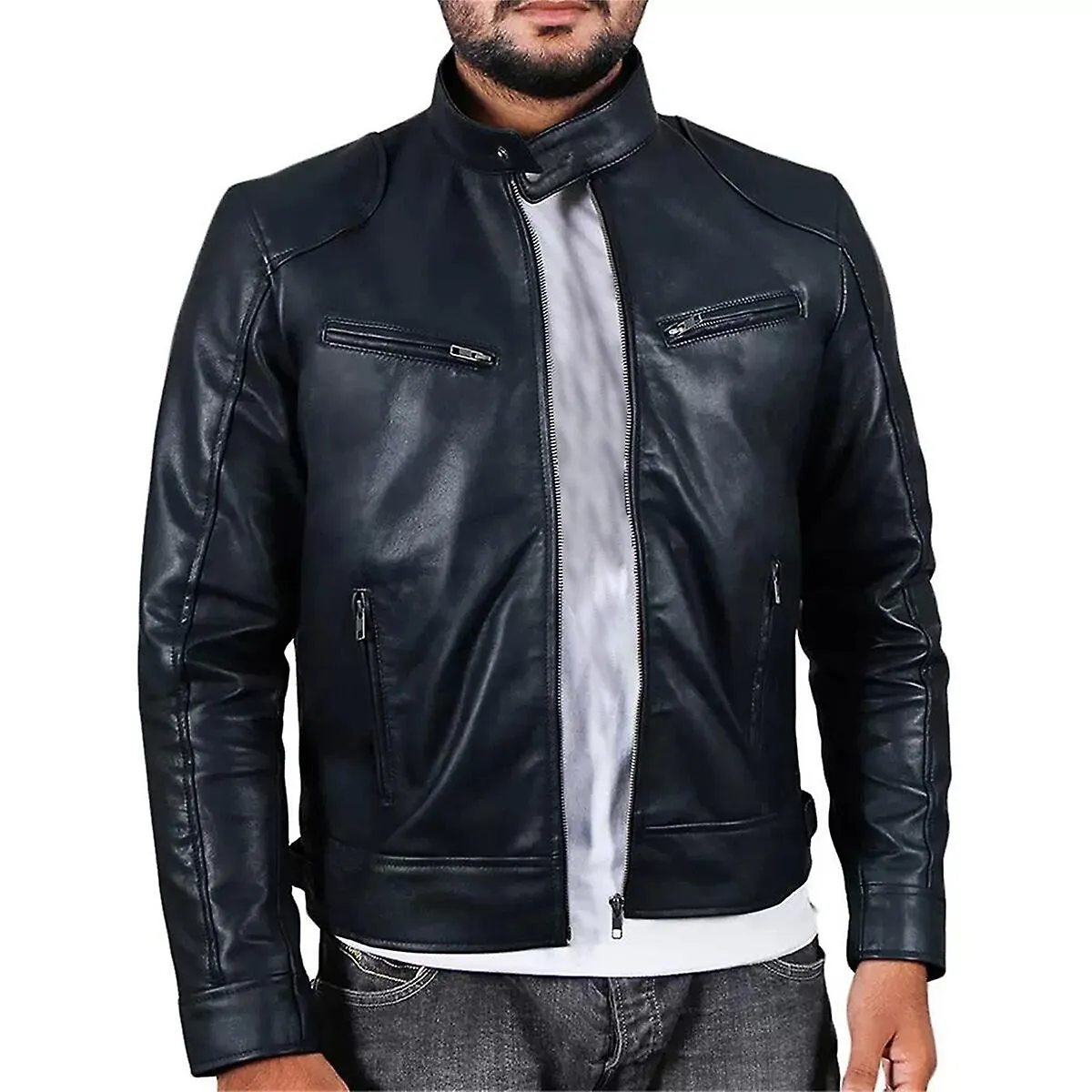 Sliktaa Chaqueta de cuero impermeable de talla grande para hombre