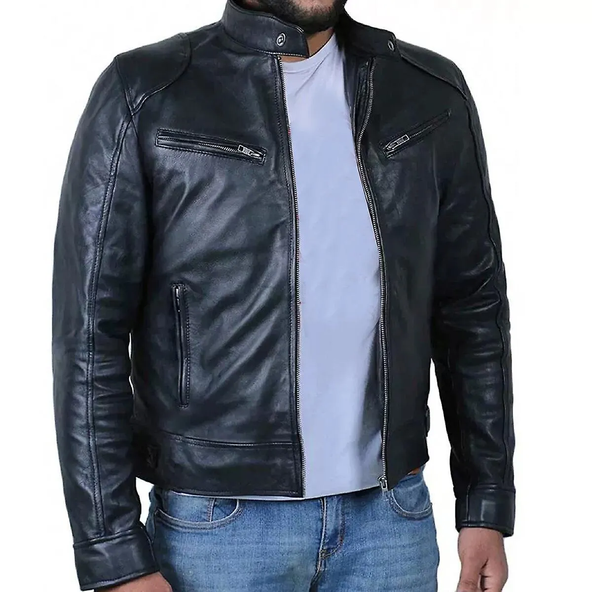 Sliktaa Chaqueta de cuero impermeable de talla grande para hombre
