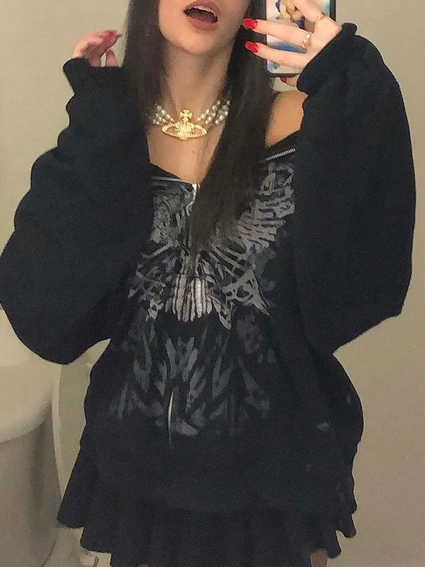 Sudadera con capucha estampada con cremallera frontal