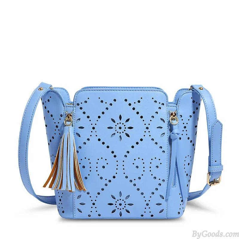 Sweet Solid Hollow Square Tassel Zipper  Handbag