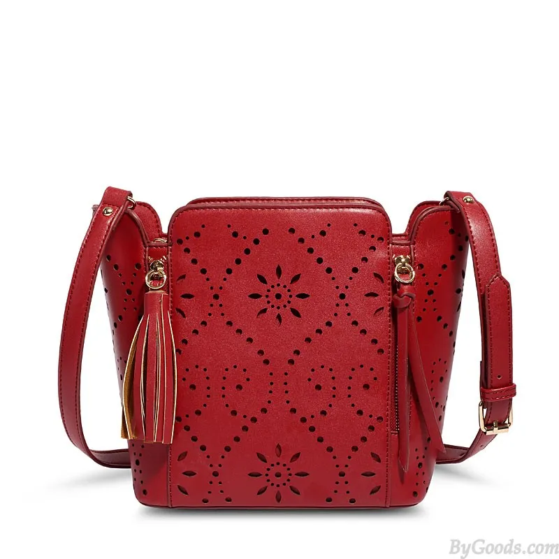 Sweet Solid Hollow Square Tassel Zipper  Handbag