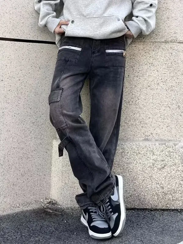 Vaqueros cargo con múltiples bolsillos y cremallera para hombre