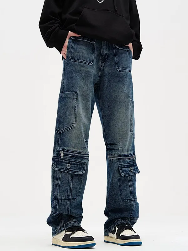 Vaqueros holgados con cremallera y empalme de múltiples bolsillos para hombre