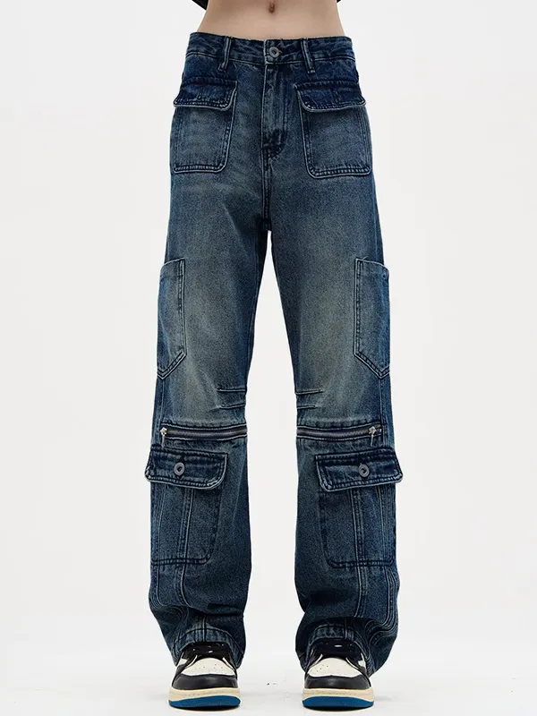 Vaqueros holgados con cremallera y empalme de múltiples bolsillos para hombre