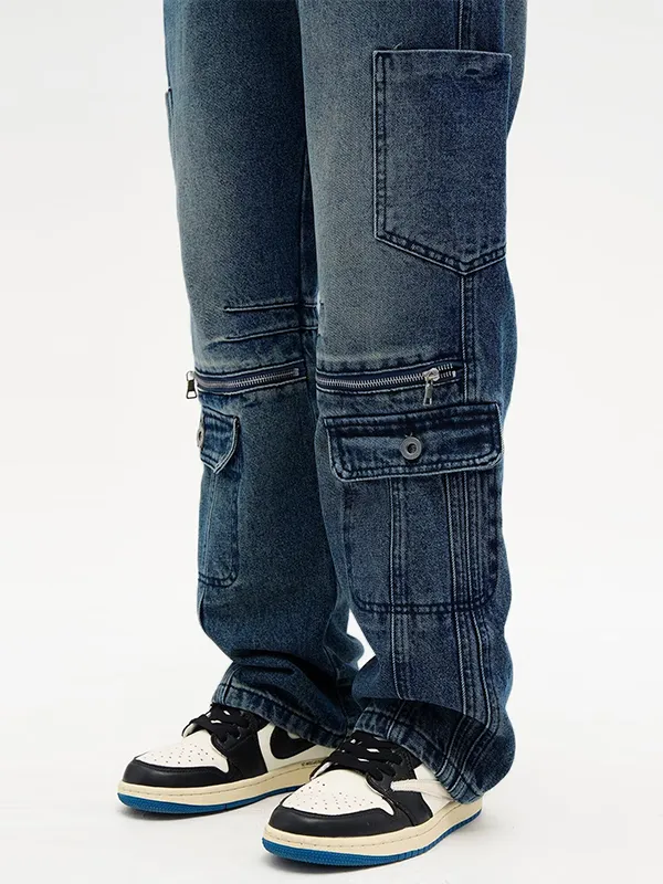 Vaqueros holgados con cremallera y empalme de múltiples bolsillos para hombre
