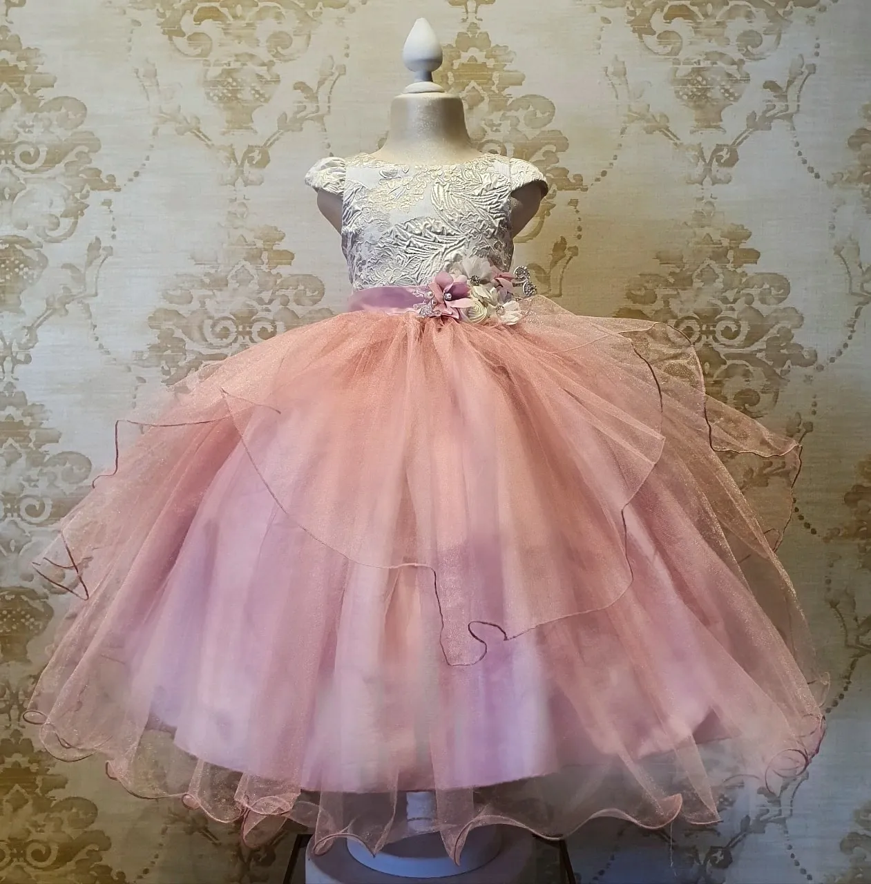 Vestido de Niña Fiesta Rosa Palo con Blanco Brocado con Tul Talla 3