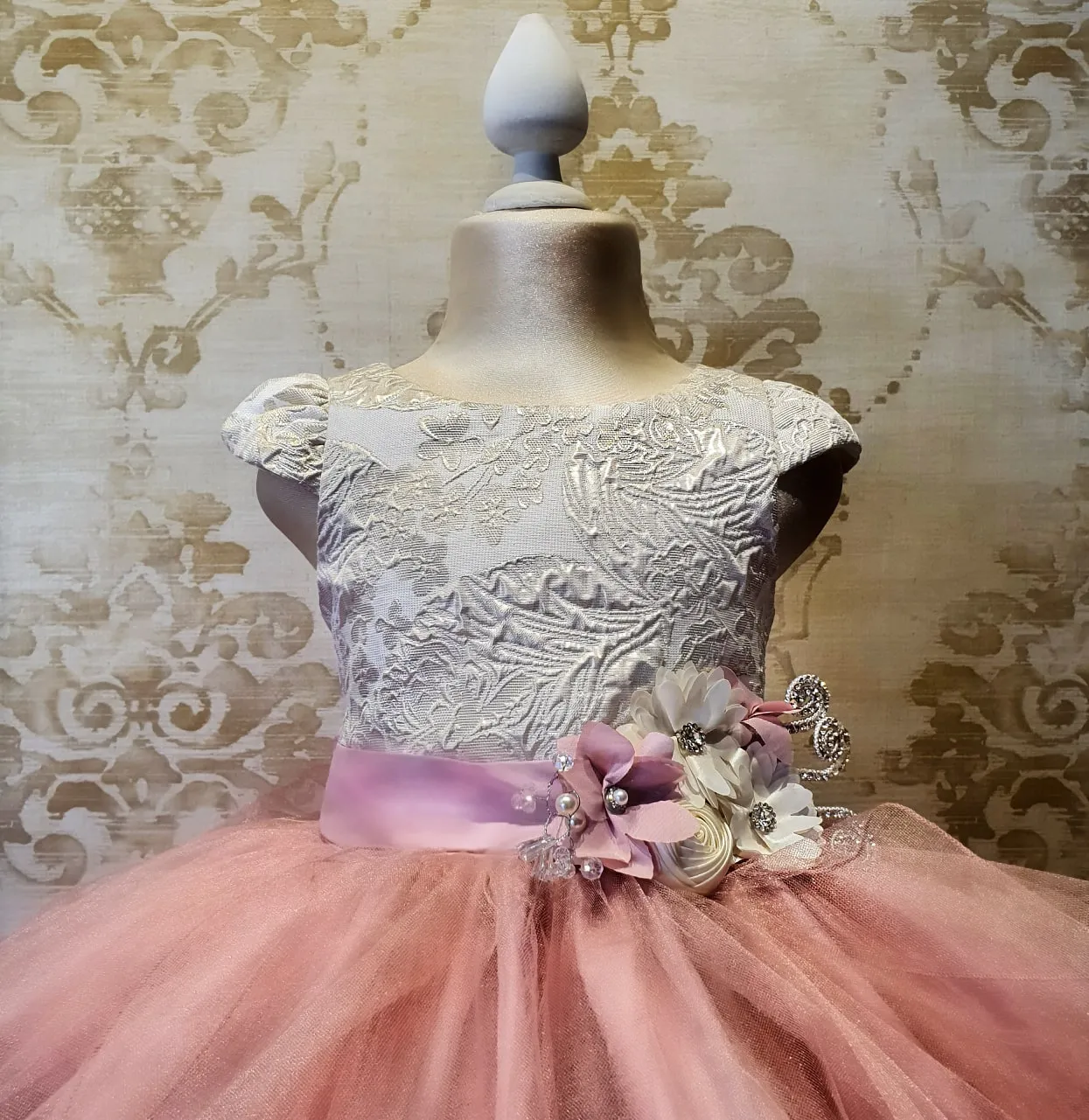 Vestido de Niña Fiesta Rosa Palo con Blanco Brocado con Tul Talla 3