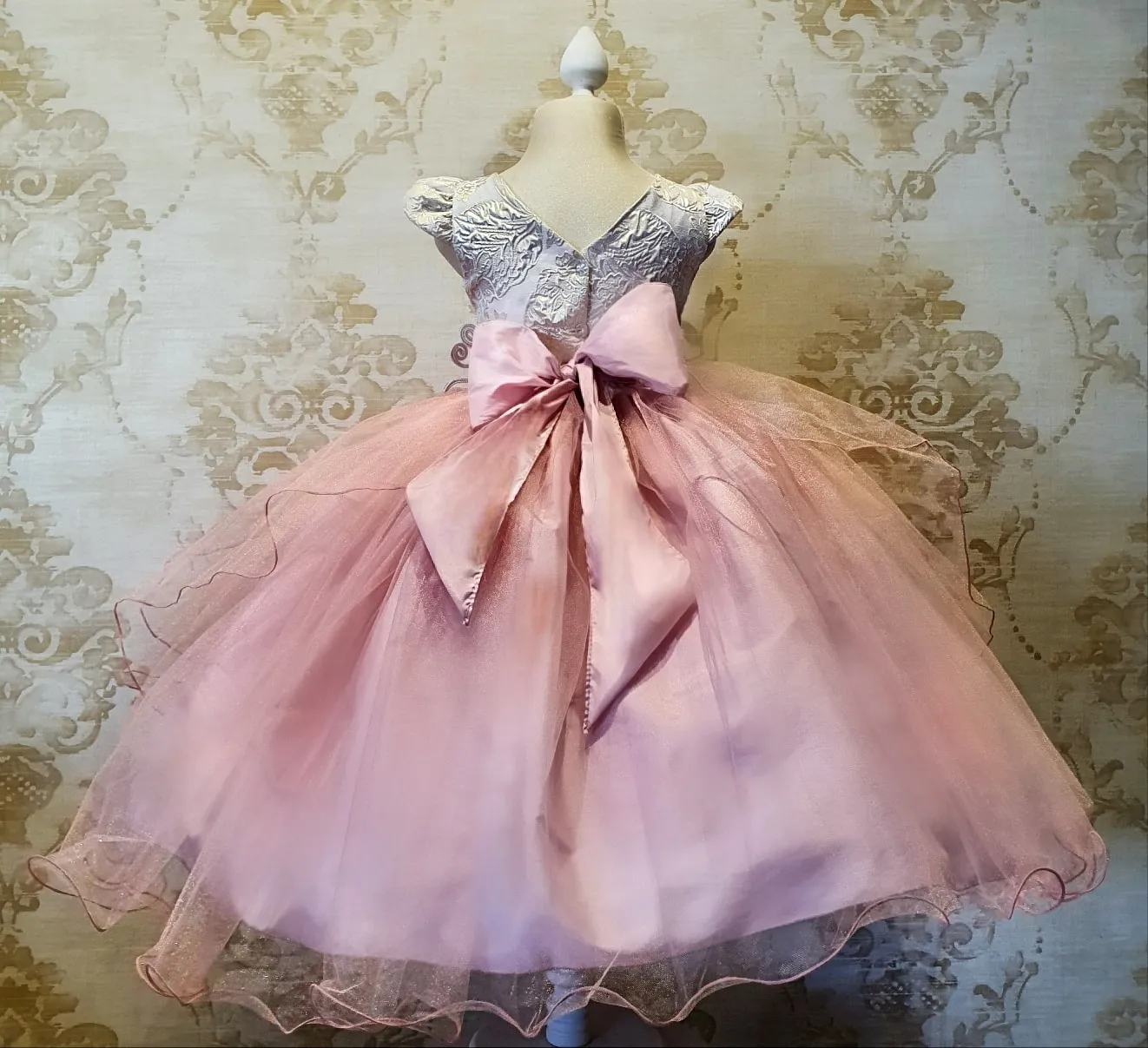Vestido de Niña Fiesta Rosa Palo con Blanco Brocado con Tul Talla 3