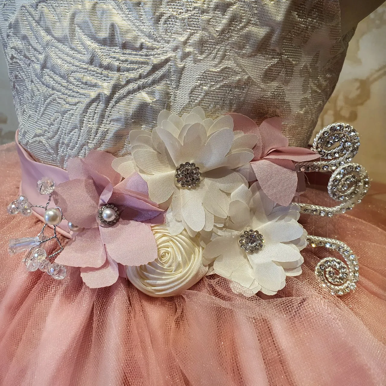 Vestido de Niña Fiesta Rosa Palo con Blanco Brocado con Tul Talla 3